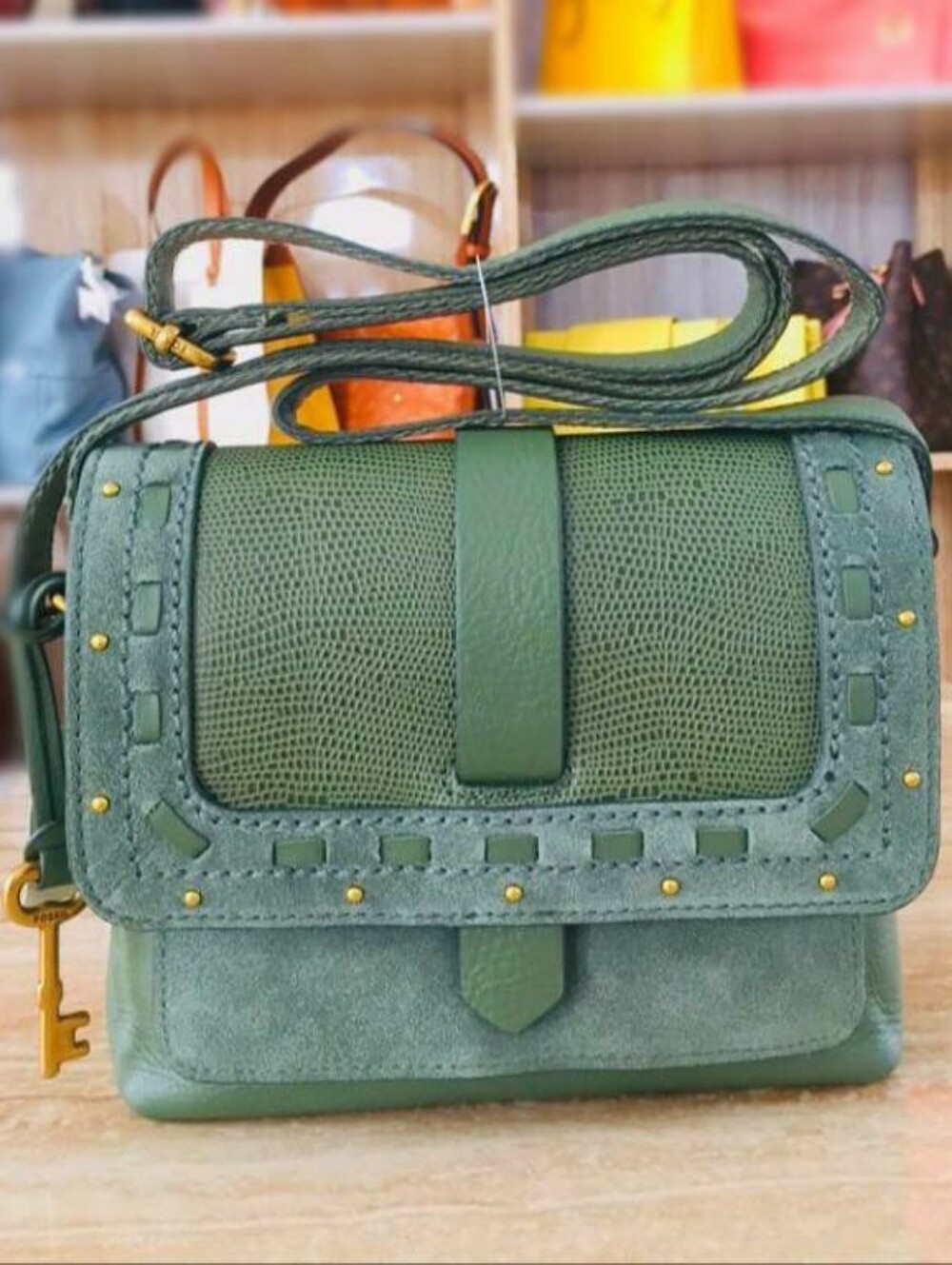 Fossil Kinley Crossbody Bag Green Embossed Leather Suede Exterior Stud Details